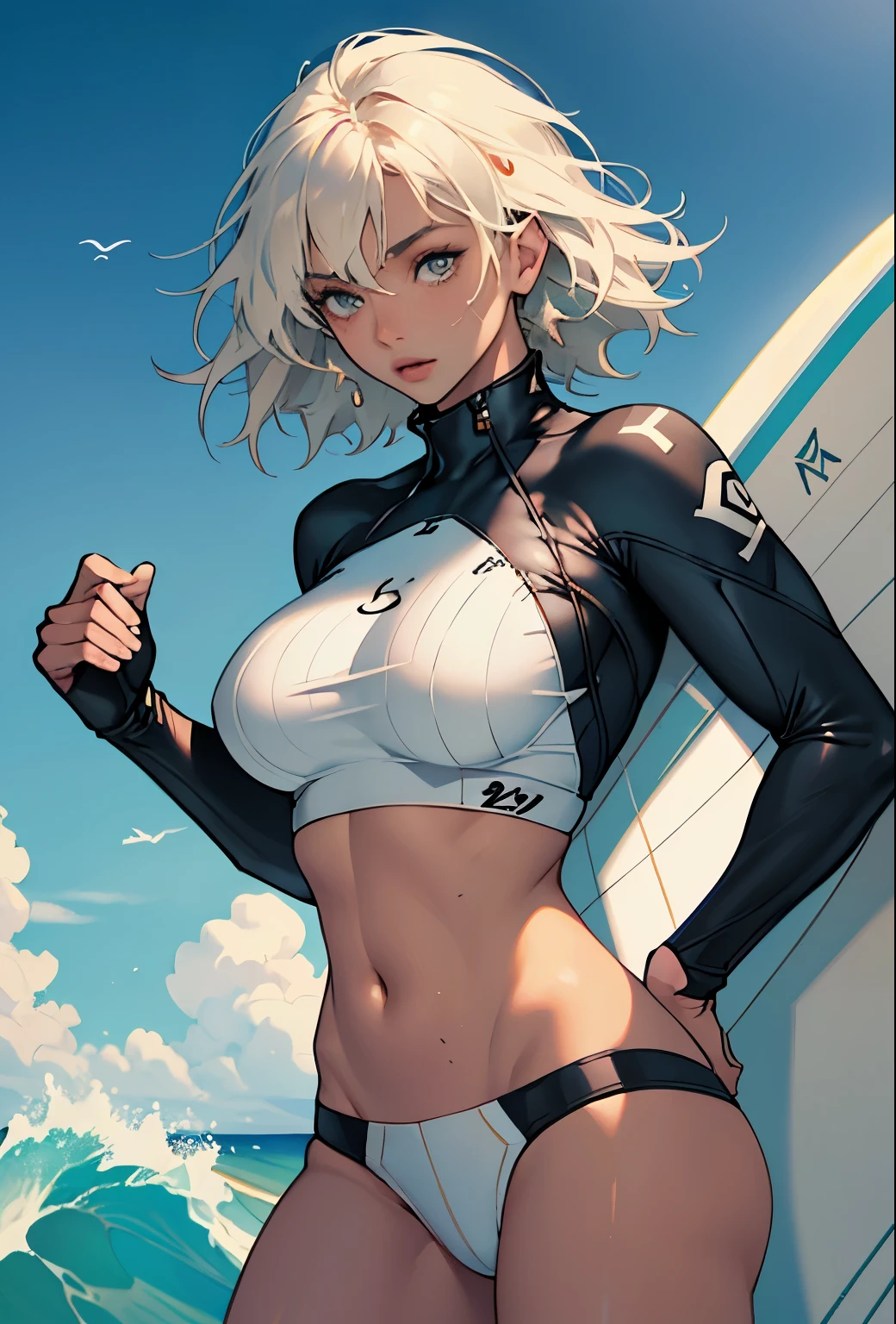 Shot from below、Standing with your legs apart、Standing with feet shoulder-width apart、Cute girl、highest quality、Ultra - High resolution、High resolution、Highly detailed CG、8k unit wallpaper、18-year-old、Careful and gentle eyes,Delicate and beautiful smile、Platinum Blonde Hair、Asymmetrical Hair、((( Dark Skin:1.5)))、(Shiny body,:1.5)、rabbit ears、(((loose socks、big breasts))) 、(Orange motocross jacket with green details, Biker clothes. Detailed design、Skin-colored bikini)Double Peace 、2.5D、My girlfriend、Grab the bikini strings、Tight bikini、Open your feet wide