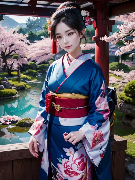 (Highest quality、 8k 、masterpiece、High resolution)、 Japanese painting、Vibrant colors、Detailed Description、A woman wearing a kimono、Dynamic painting technique,、Colorful peonies、Japanese garden、cherry blossoms、Digital Art、Detailed CG、