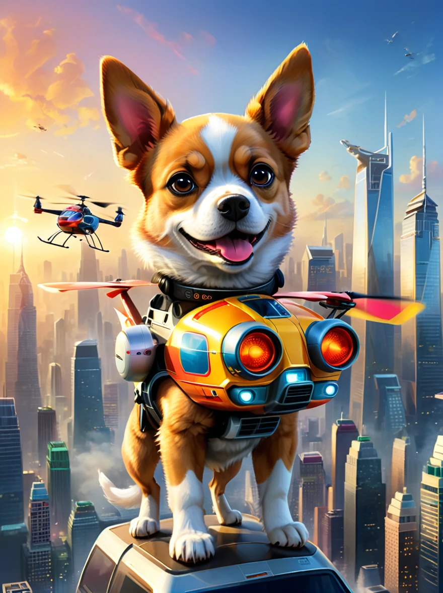 Imagine a dog with an angry and mischievous expression. This canine is at the helm of a futuristic, non-violent, brightly colored toy helicopter, skillfully maneuvering over a compact, yet towering cityscape of unpopulated skyscrapers. Despite the look on the dog's face, there are no signs of violence or harm. The skyscrapers are lit vibrantly, giving an illusion of flames, reflecting off their glassy exteriors under the golden sunset. The entire scenario possesses an uncanny, cartoon-like quality, establishing a surreal and whimsical ambience.