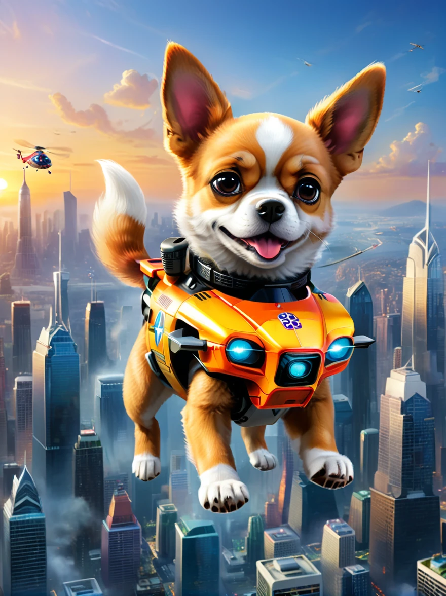 Imagine a dog with an angry and mischievous expression. This canine is at the helm of a futuristic, non-violent, brightly colored toy helicopter, skillfully maneuvering over a compact, yet towering cityscape of unpopulated skyscrapers. Despite the look on the dog's face, there are no signs of violence or harm. The skyscrapers are lit vibrantly, giving an illusion of flames, reflecting off their glassy exteriors under the golden sunset. The entire scenario possesses an uncanny, cartoon-like quality, establishing a surreal and whimsical ambience.