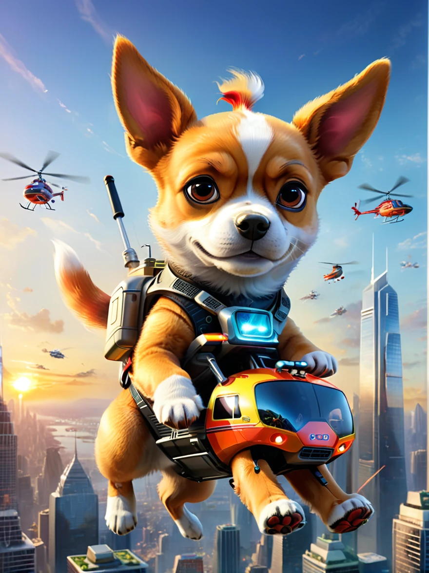 Imagine a dog with an angry and mischievous expression. This canine is at the helm of a futuristic, non-violent, brightly colored toy helicopter, skillfully maneuvering over a compact, yet towering cityscape of unpopulated skyscrapers. Despite the look on the dog's face, there are no signs of violence or harm. The skyscrapers are lit vibrantly, giving an illusion of flames, reflecting off their glassy exteriors under the golden sunset. The entire scenario possesses an uncanny, cartoon-like quality, establishing a surreal and whimsical ambience.