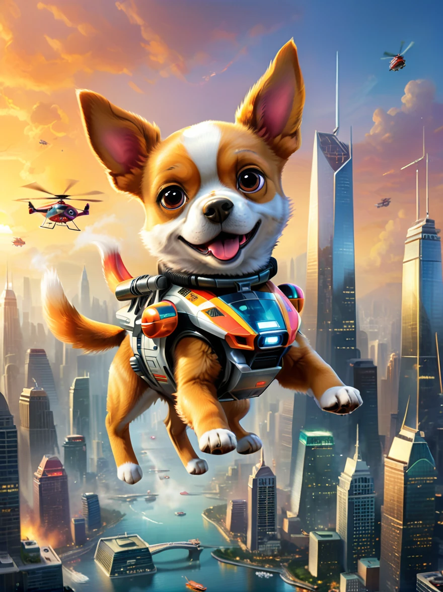 Imagine a dog with an angry and mischievous expression. This canine is at the helm of a futuristic, non-violent, brightly colored toy helicopter, skillfully maneuvering over a compact, yet towering cityscape of unpopulated skyscrapers. Despite the look on the dog's face, there are no signs of violence or harm. The skyscrapers are lit vibrantly, giving an illusion of flames, reflecting off their glassy exteriors under the golden sunset. The entire scenario possesses an uncanny, cartoon-like quality, establishing a surreal and whimsical ambience.