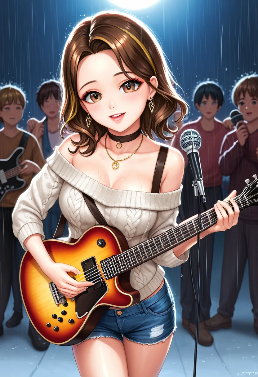 masterpiece, best quality, beautiful, detailed, 8k, absurdres, highres, grit, a girl, delightful, shy, flushed face, smiling, standing, looking at viewer, front view, medium hair, straight hair, forehead, brown hair, streaked hair, brown eyes, eyes open, big eyes, slant eyes, fair skin, detailed face, detailed skin, short, skinny, Slender, lanky, beautiful ass, beautiful breasts, off shoulder, summer sweater, shorts, jeans, earrings, necklace, choker, with a guitar, with a microphone, baby face, cute face, delicate facial features, 20-year-old, japanese, at concert, on the road, with a sun, with a rainbow, in the afternoon, with rain,singing,Outstanding body style,The valley is visible,Korean Idol,Korean style makeup,Playing guitar,after the rain,A little rain,