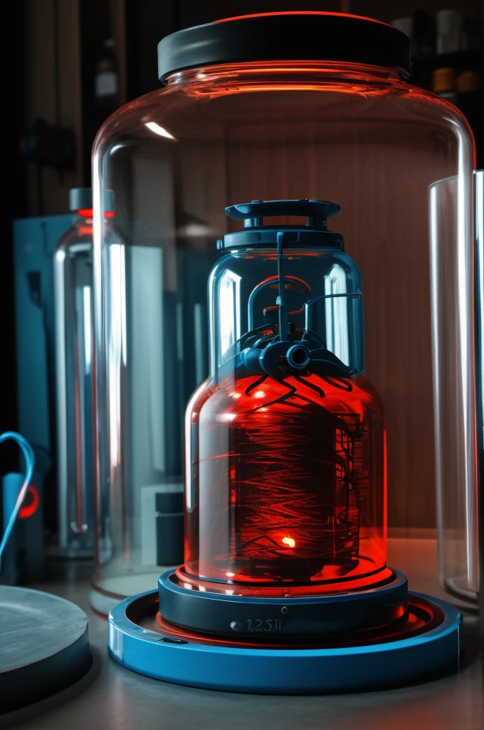A breathtaking lab environment.a big cilinder transperant round glass is there.a experimental mutant in this glass jar.mutant's ideal body shape is similar to humans but it is not really a human.the mutant experimental species have a shark head and limbs like a muscular men.there are some electrical and oxygen wires are connected with the mutant, oxygen wire have a mask on it end and it is connected with the mutants mounth.there blue and red lights in the lab.some red lights are partially broken .white smoke is around the glass jar making it a beautiful environment