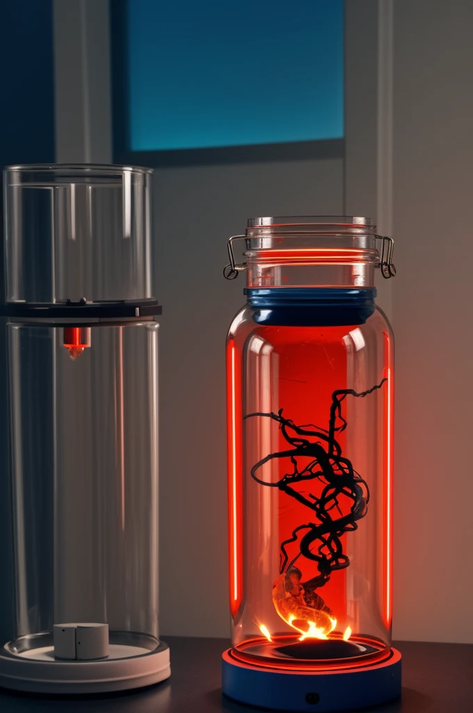 A breathtaking lab environment.a big cilinder transperant round glass is there.a experimental mutant in this glass  jar.mutant's ideal body shape is similar to humans but it is not really a human.the mutant experimental species have a shark head and limbs like a muscular men.there are some electrical and oxygen wires are connected with the mutant, oxygen wire have a mask on it end and it is connected with the mutants mounth.there blue and  red lights in the lab.some red lights are partially broken .white smoke is around the glass jar making it a beautiful environment 
