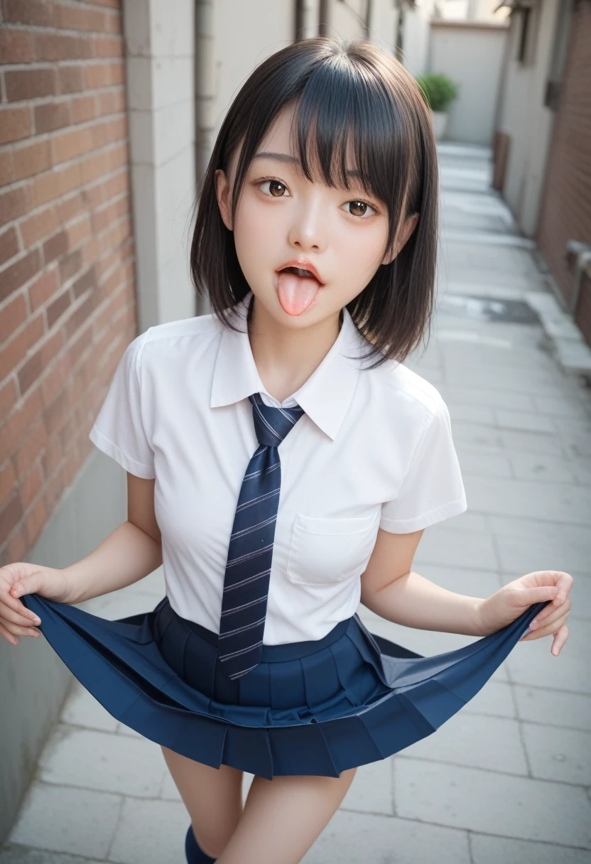 ,collared shirt,Short sleeve,pleated skirt,tie,Navy blue socks,(open mouth:1.5),(tongue out:2),dim,Alley,stand,skirt lift,string panties,front view,cowboy shot,from above(1girl,Beautiful 14 year old girl,teenager),((Slender,Small breasts,Small face,)),(looking at viewer),Black Hair,bangs,straight,Beautiful and detailed