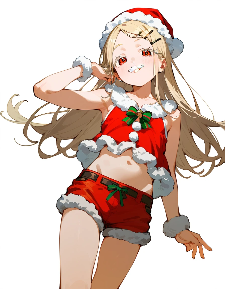 Highest quality, masterpiece, No correction, Beark 1 dhibi girl,shinosawa hiro,thin,Orange eyes,White eyelashes,Blonde,Long Hair,Hair Clip,cros hair clip,flat chest,white background,mini skkirt,smile,santa costume,hotpants,mustache,goatee