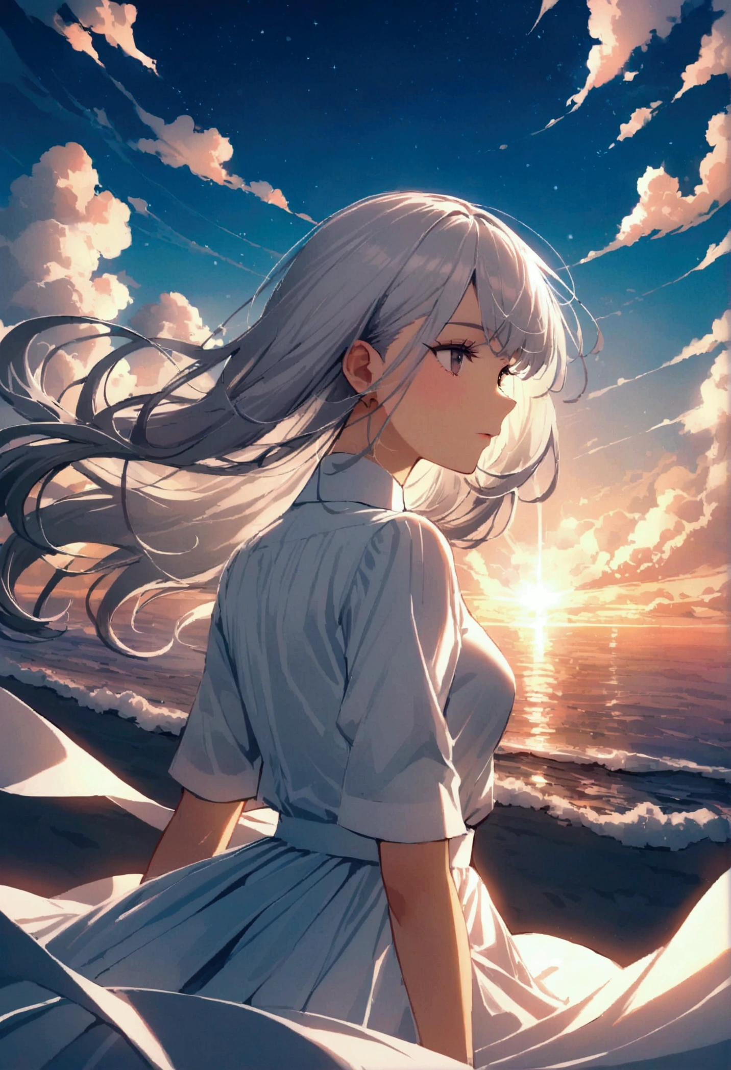 woman, Short, flowing silver hair., eye of the universe, beautiful sky, Beautiful clouds, in the summer,Improve resolution