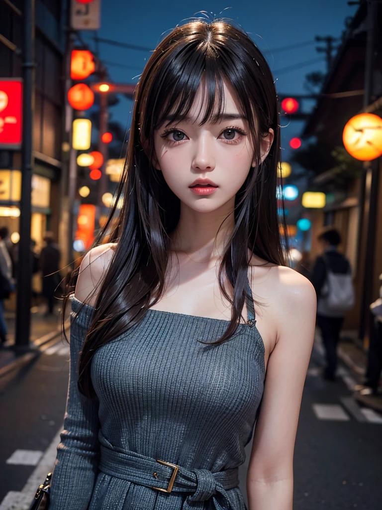 1girl, Tokyo street,night, cityscape,city lights, upper body,close-up, 8k, RAW photo, best quality, masterpiece,realistic, photo-realistic, parted bangs, long hair,front cover