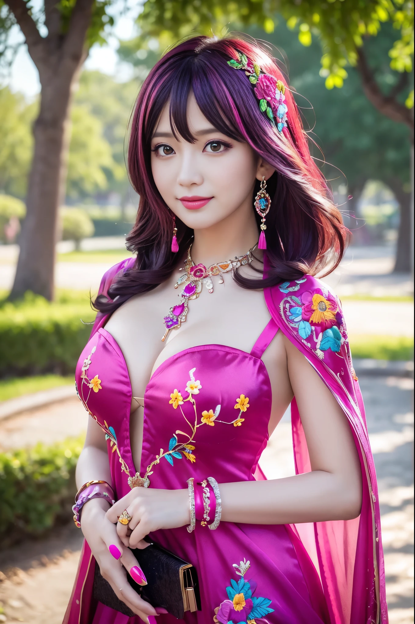 (masterpiece:1.4), (best quality:1.4), ultra high res, ultra high resolution, ((detailed facial features)), HDR, (realistic, photorealistic, photo-realistic:1.37), full body Esbian, sexy Vietnamese model, (-anime), vivid colors, ((vivid colors multicolor (pink, fuchsia, purple) very short hair)), (happy smile), lip-gloss, long lashes, ultra detailed metallic makeup, defined eyebrows, wearing large sparkling colorful jewelery, wearing a red silk Paradise Kiss cosplay dress with black floral embroidery, ((vivid colors outfit)), vivid colors, look at the camera, cinematic light, large park background with trees, sweet and sexy pose