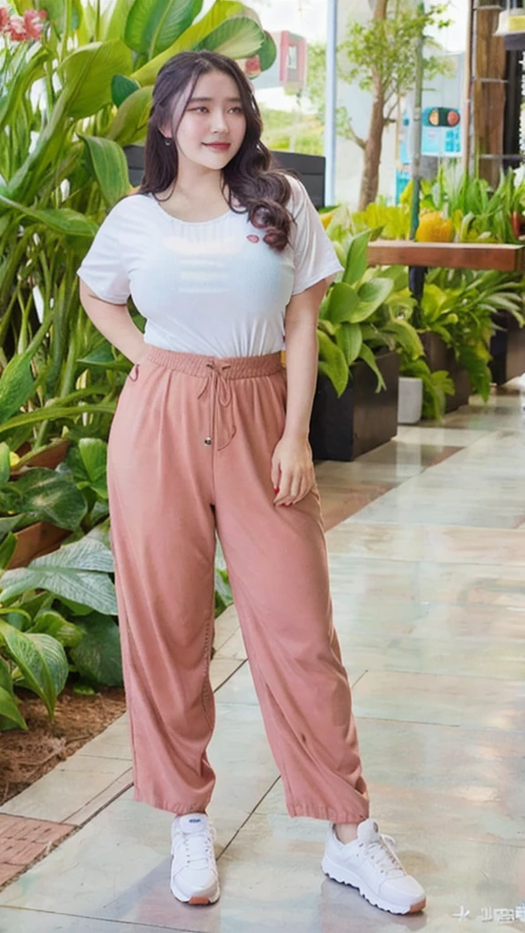 (masterpiece, best quality:1.2), 1girl, solo, long hair black, chubby body, cuvy body, full body wearing long t-sirt, long pants,