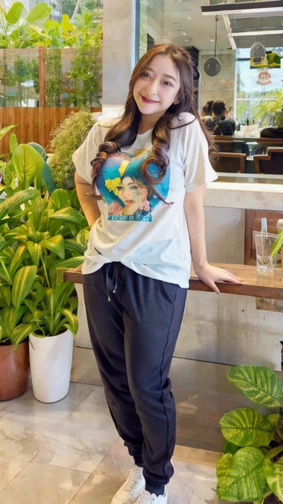 (masterpiece, best quality:1.2), 1girl, solo, long hair black, chubby body, cuvy body, full body wearing long t-sirt, long pants, 