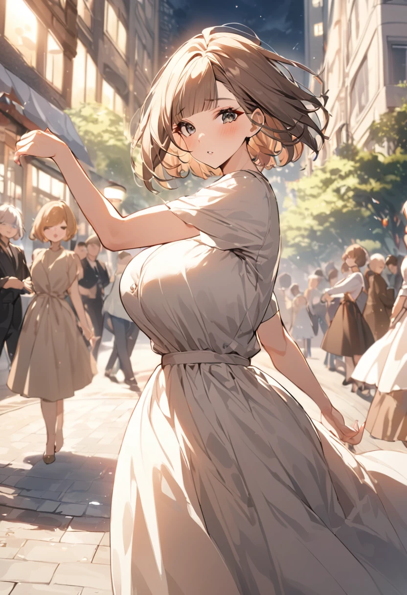 Highest quality, 1peopleの女の子, (skeindentation), (Huge breasts:1.2), (blur bacけground:0.6), (street:1.2), (people々, crowd:1), garden, Day, Outdoor, (Casual yet stylish, Elegant fabric, high necけ dress:1.5), nice, (bangs, short hair:1.5), (Floating Hair:1.2), (Dynamic pose:1.2), Soft lighting, Wind, (Front light:1.5),  makeeup, 