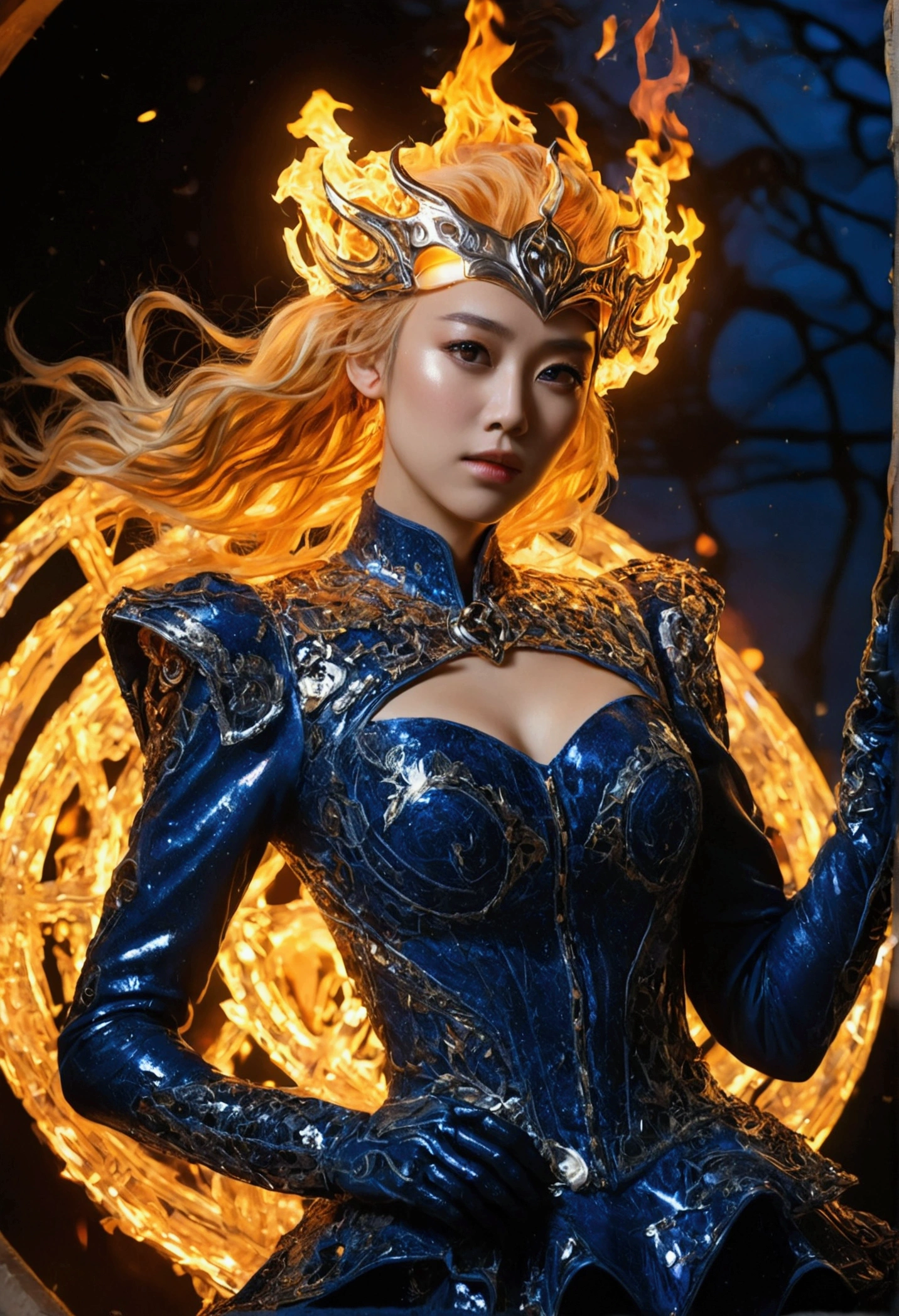 close (Marvel's Ghost Rider goes Viking: 1.3) emerged from the wet black mud, Very detailed, cigarette, spark, Metal shavings, flying debris, Volumetric Light( Absurd , high quality , Super detailed, Watch your hands )Zodiac sign - Goddess of Sagittarius , Similar to the goodness of Latin . Optimistic, fair, Funny and intelligent face . recklessness, Ruthless, impatient, Overconfident style . Dark blue eyes (Eye details) , Sparkling deep blue hair , Transparent dress , In the sea of shining stars , whole body , Nature of fire , God Chiron(masterpiece, Highest quality, Highest quality,Official Art, beautifully、Super Gold Hairstyle、aesthetic:1.2),(One girl:1.3), One girl BREAK stained glass art, Colored Glass, Lead wire, Light transmission BREAK Vivid colors, Intricate Design, Glowing effect, Spiritual atmosphere、Background abstract korean strip dancer
