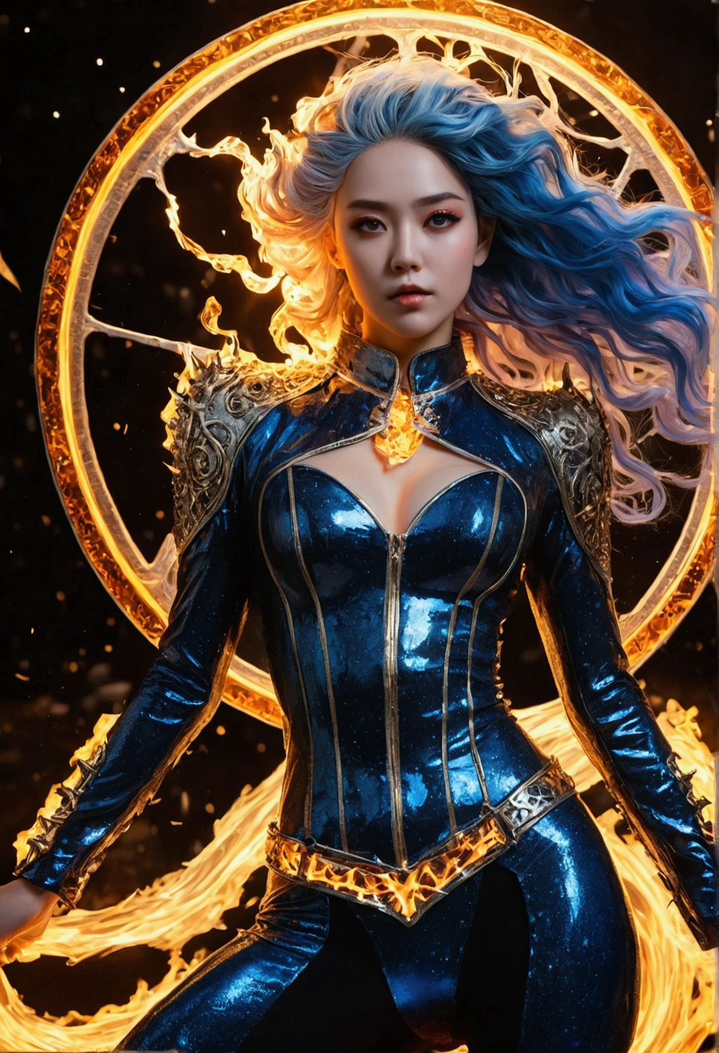 close (Marvel's Ghost Rider goes Viking: 1.3) emerged from the wet black mud, Very detailed, cigarette, spark, Metal shavings, flying debris, Volumetric Light( Absurd , high quality , Super detailed, Watch your hands )Zodiac sign - Goddess of Sagittarius , Similar to the goodness of Latin . Optimistic, fair, Funny and intelligent face . recklessness, Ruthless, impatient, Overconfident style . Dark blue eyes (Eye details) , Sparkling deep blue hair , Transparent dress , In the sea of shining stars , whole body , Nature of fire , God Chiron(masterpiece, Highest quality, Highest quality,Official Art, beautifully、Super Gold Hairstyle、aesthetic:1.2),(One girl:1.3), One girl BREAK stained glass art, Colored Glass, Lead wire, Light transmission BREAK Vivid colors, Intricate Design, Glowing effect, Spiritual atmosphere、Background abstract korean strip dancer