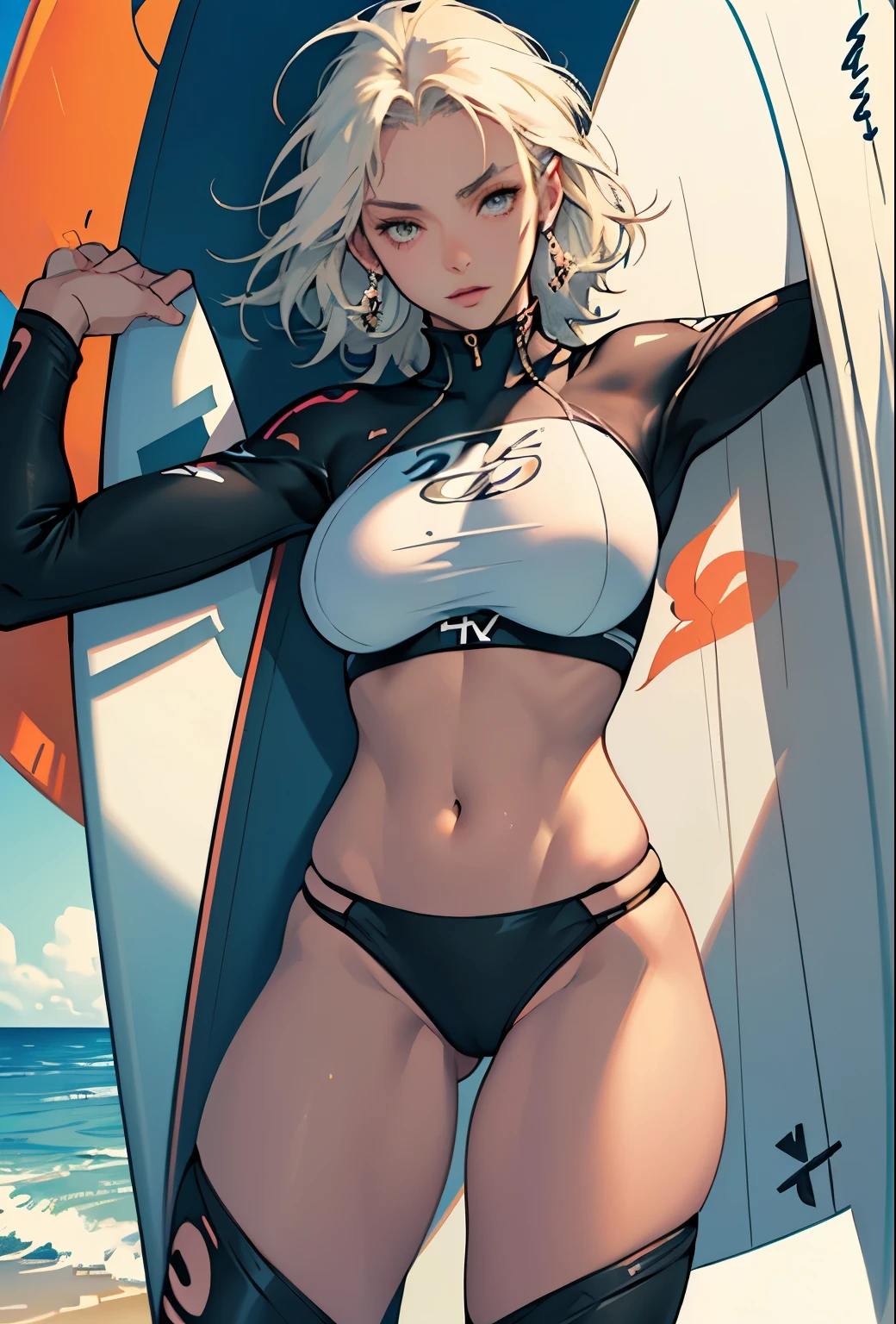 masterpiece, (Textured skin), Highest quality, Gorgeous beautiful girl, (female surfer), Detailed clothing,Large Breasts,Tight waist,, (Beautiful Face), Cinema Lighting, (At the surfing venue ), Holding the board,