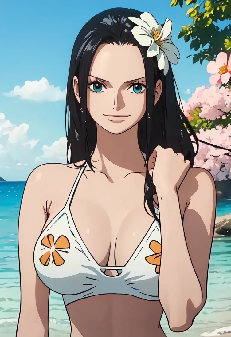 (((Smiling))), best quality, masterpiece, over the sea,1girl (((white bikini swimsuit、flowers printed)))、Beautiful sunlight on the beach, One Piece character Nico Robin, long black hair, extremely beautiful, looking at the viewer, standing in a bikini.(top-quality, 8K, masterpiece:1.3)), A detailed eye, (looking at from the front), Look at the camera, ((Everything is sparkling、reflecting light:1.2)), (portrait), 1 person, Nico Robin ((one piece)), Beautiful woman with perfect body, Highly detailed facial and skin texture,wearing accessories on head, all fingers pointing at viewer,(((Beautiful white bikini))),huge breasts,