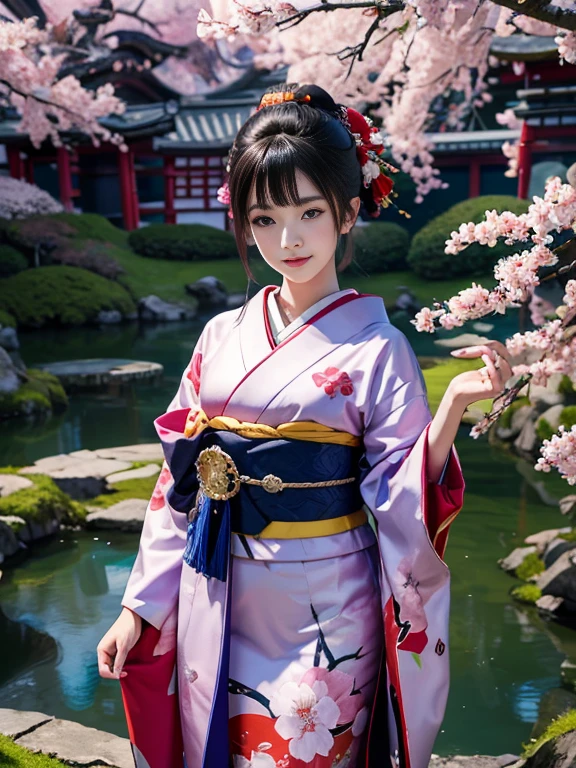 (Highest quality、 8k 、masterpiece、High resolution)、 Japanese painting、Vibrant colors、Detailed Description、A woman wearing a kimono、Dynamic painting technique,、Colorful peonies、Japanese garden、cherry blossoms、Digital Art、Detailed CG、