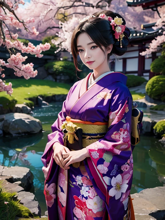 (Highest quality、 8k 、masterpiece、High resolution)、 Japanese painting、Vibrant colors、Detailed Description、A woman wearing a kimono、Dynamic painting technique,、Colorful peonies、Japanese garden、cherry blossoms、Digital Art、Detailed CG、