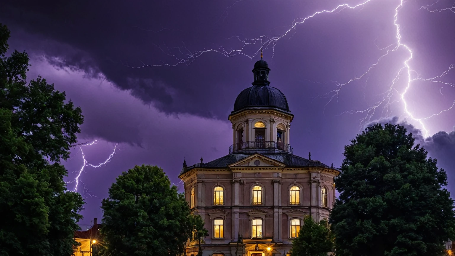 darkest atmosphere, dark purple & black storm clouds during the night, darkness, lightning, façade of a old town hall building with a octagonal cupola dome on top, small town, trees, background