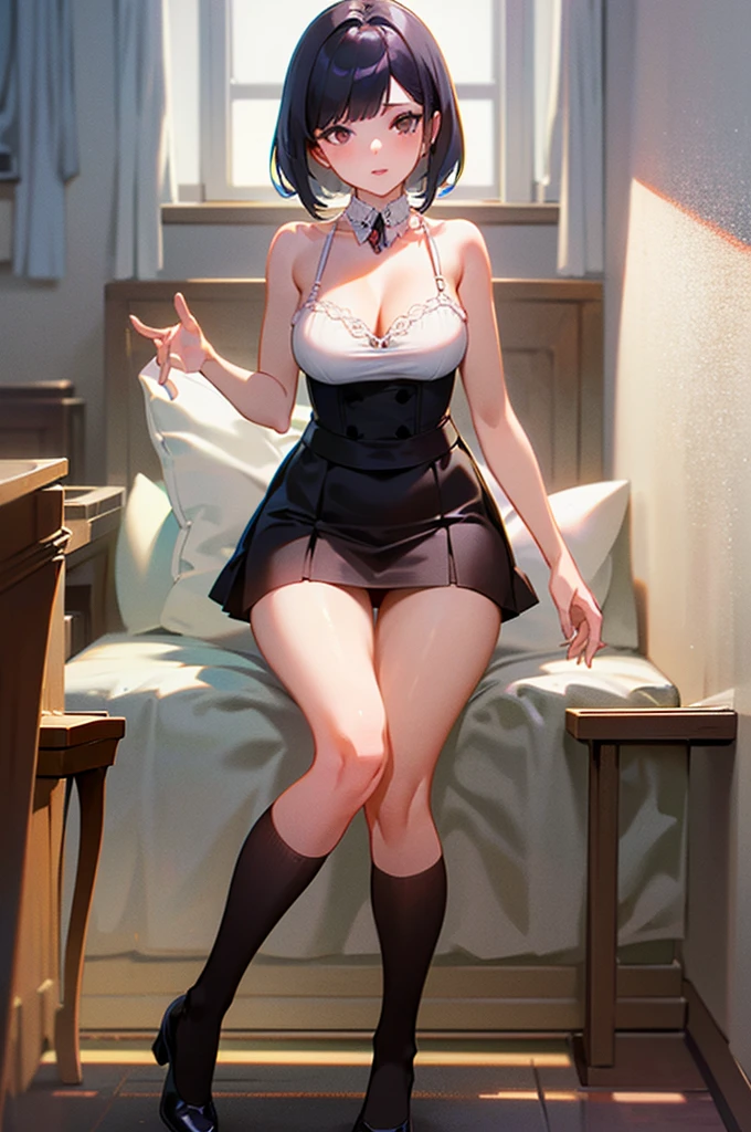 1 girl, name("Lana"), physique (“short” + “medium-sized breasts” + “plump lips” + “plump hips” + “firm ass”), clothes (“maid dress with a short skirt and deep neckline, transparent - black stockings, thongs”), favorite style of clothing (“short dress” + “long tank top” + “sexy outfits” + “sexy underwear” + “erotic outfits” + “erotic lingerie”), hair("long black hair"), фон комната, сексуальная поза