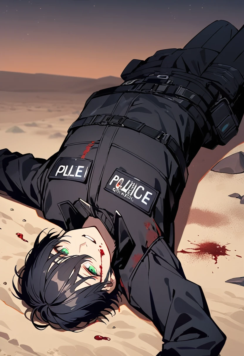 Male black police suit, solo, black hair, green eyes, short hair, desert, night, kneeling on, blood on body, wounds, muscular