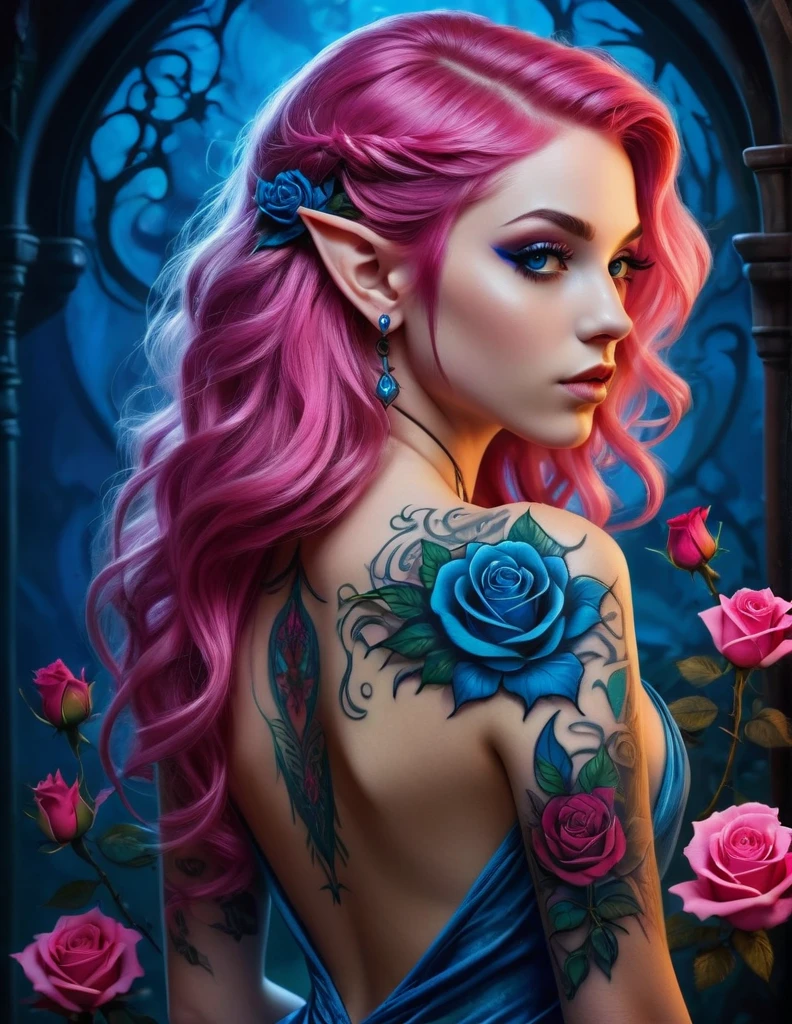 Very attractive 25 year old caucasian female with long wavy bright pink hair, modisn disney, Arafed, Dark fantasy art, fantasy art, goth art, a picture of a tattoo on the back of a female elf, of glowing tattoo of a ((blue: 1.3)) the rose tattoo is vivid, intricate detailed coming to life rose from the ink to real life, , thes, AlchemyPunkAI, shoot taken from the back, ((the back is visible: 1.3), she wears a transparent dress that the tattoos glow, crystalline dress