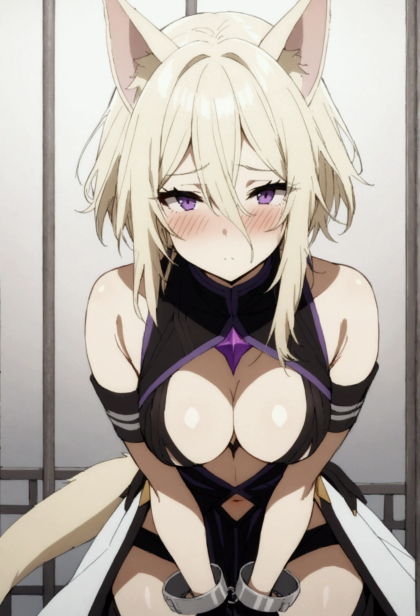 NSFW,masterpiece,Highest quality,High resolution,Very detailed,Zeta\(I want to be a secret power！\),Zeta,Animal ears、Purple Eyes、Blonde,short hair,gloves、Cleavage、tail、黒いgloves、Clothing cutouts、Cleavageの切り抜き,Handcuffed,A regretful face,blush,prison,Jail