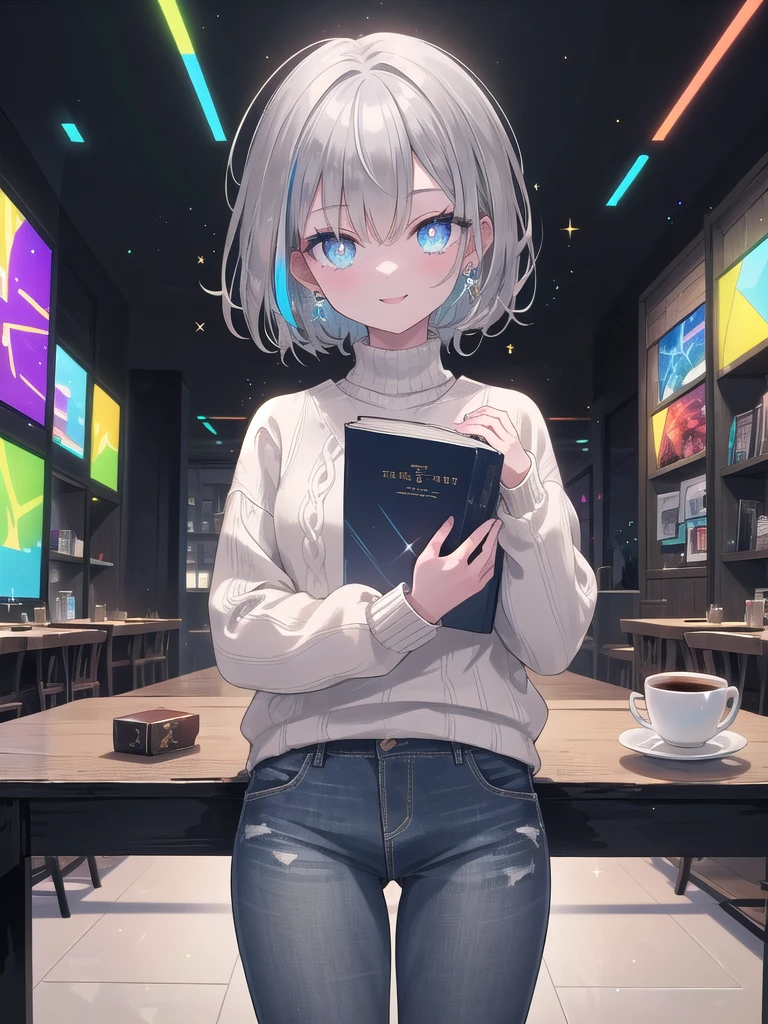 ((8k, best quality, master piece: 1.3)),super high resolution,(1 girl, solo), ((colorshift eyes, hyperdetailed, expressive eyes)),((high contrast RGB effect, LED effect, kaleidoscope effect, sparkling effect, ripple effect, glitter RGB effect)),glowing eyes, ultra detailed eyes, complex eyes, beautiful eyes, ultra-detailed face, random hair, ((silver gray color)), Ecstatic expression,He is reading a book in a stylish reading cafe. A coffee cup is placed on the table in a quiet and calm atmosphere. He has short silver hair, a casual sweater and jeans. He is engrossed in his book and has a gentle smile on his face.