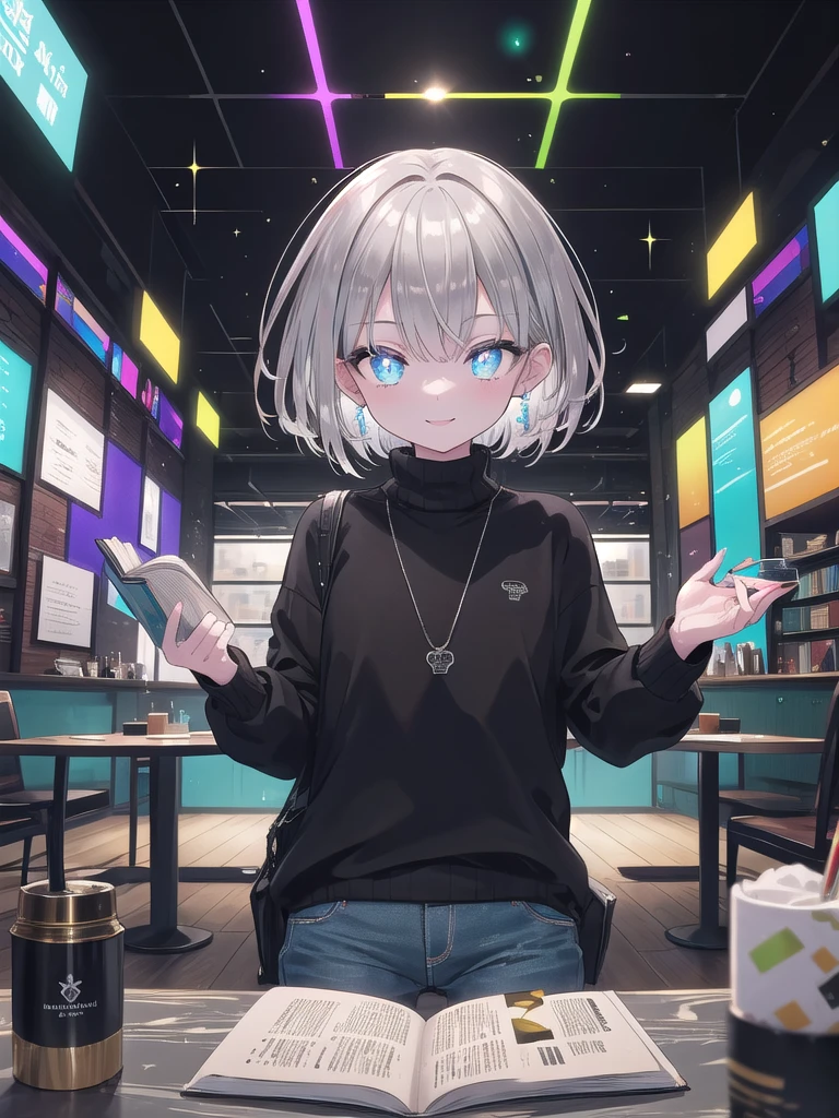 ((8k, best quality, master piece: 1.3)),super high resolution,(1 girl, solo), ((colorshift eyes, hyperdetailed, expressive eyes)),((high contrast RGB effect, LED effect, kaleidoscope effect, sparkling effect, ripple effect, glitter RGB effect)),glowing eyes, ultra detailed eyes, complex eyes, beautiful eyes, ultra-detailed face, random hair, ((silver gray color)), Ecstatic expression,He is reading a book in a stylish reading cafe. A coffee cup is placed on the table in a quiet and calm atmosphere. He has short silver hair, a casual sweater and jeans. He is engrossed in his book and has a gentle smile on his face.