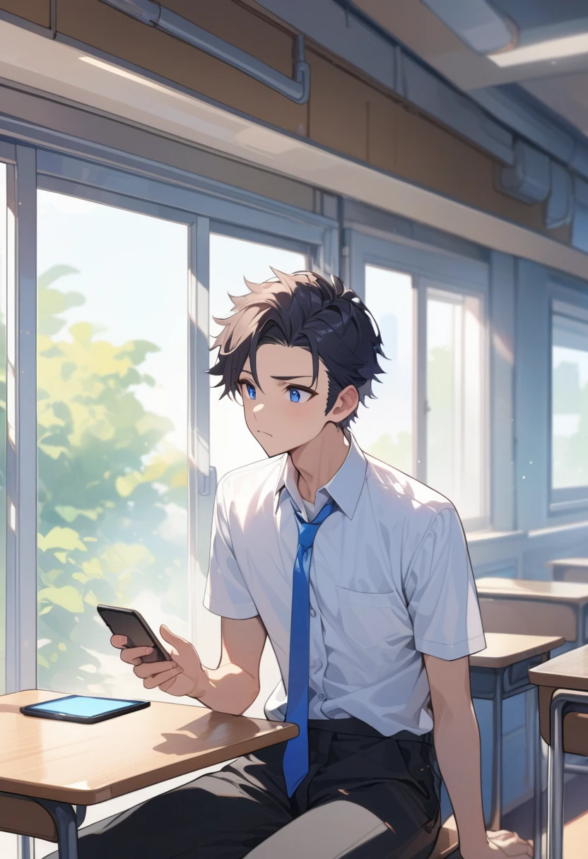 masterpiece, best quality, extremely detailed, ultra detailed, flat anime, 2D, ((1boy)),black hair, (short hair:1.5),blue eyes, height 1.7meters, (circle eyes:1.2), (young adult:1.2), Ear-length sideburns,height 1.7meters, High School Uniforms, white shirt, blue tie, ((short sleeves)), ((long pants)), sitting, closed mouth, thinking, upper body, summer, classroom, 11AM,looking at his smart phone., Operating a smart phone, baby face