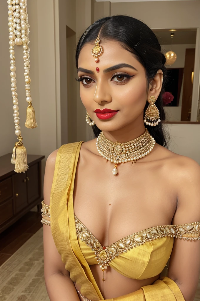 dressed in gujarati saree yellow color with studded white pearls as the design and wore that in gujarati style and got ready keeping my hair down in the sleek style and did my skincare and natural makeup and light red lipstick and bindi on the forehead and gold jhumkas hanging onto my ears and diamond choker long necklace and gold bangles and went out after putting cologne*