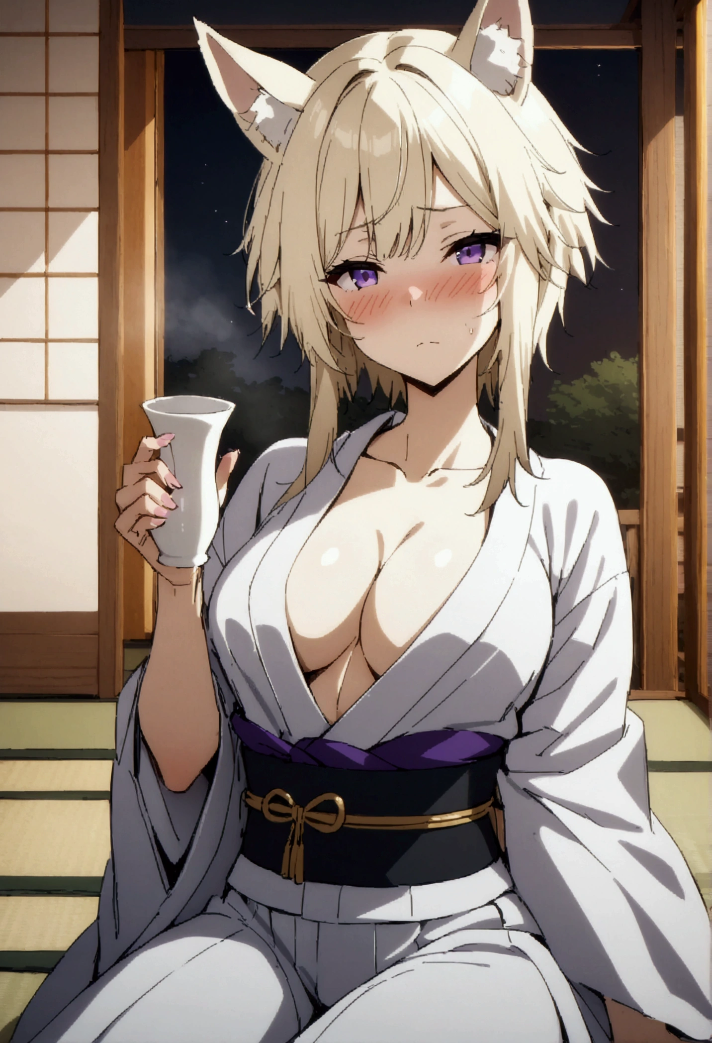 NSFW,masterpiece,Highest quality,High resolution,Very detailed,Zeta\(I want to be a secret power！\),Zeta,Animal ears、Purple Eyes、Blonde,short hair,Luxurious yukata,Cleavage,blush,Drunk,sake,Luxurious Japanese-style room,inn,tatami,Shoji screen,moonlight