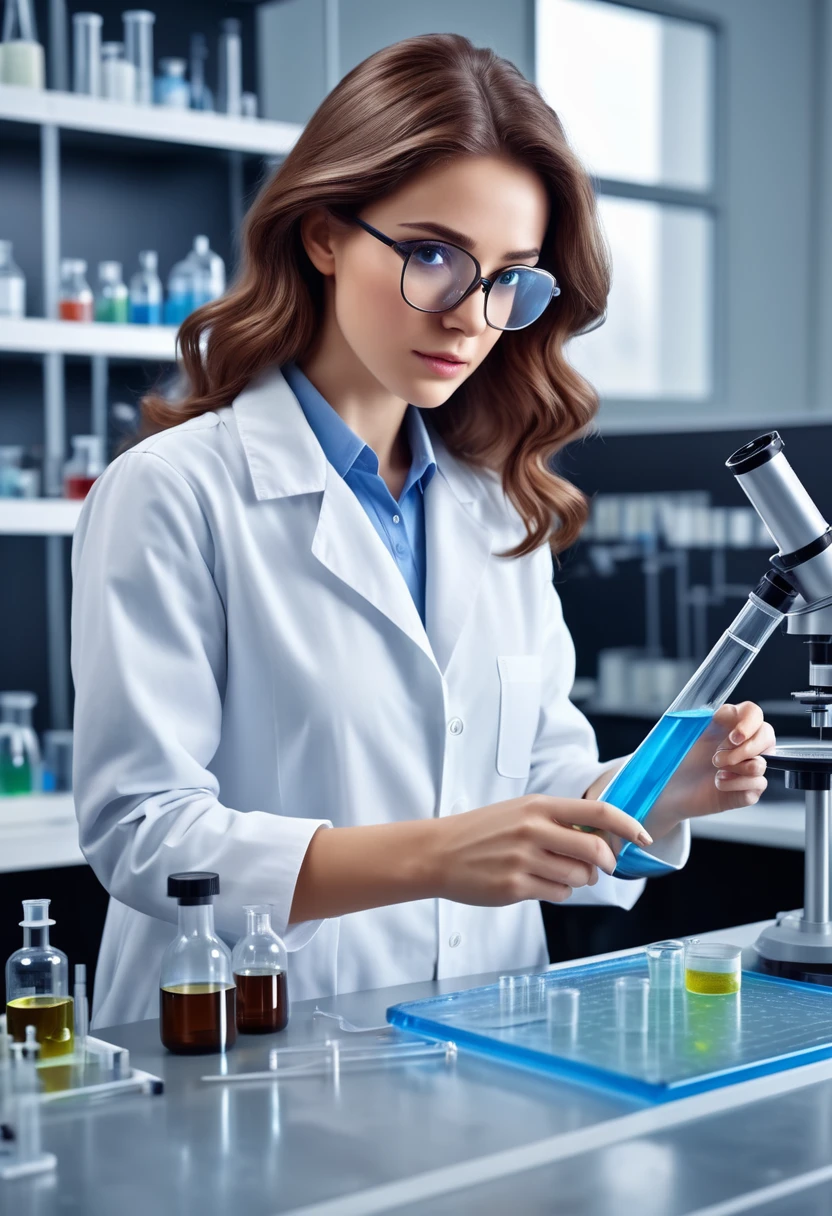 masterpiece, high quality image, 8k, realistic image, In the laboratory, there is a beautiful scientish with medium brown hair, doing experiments