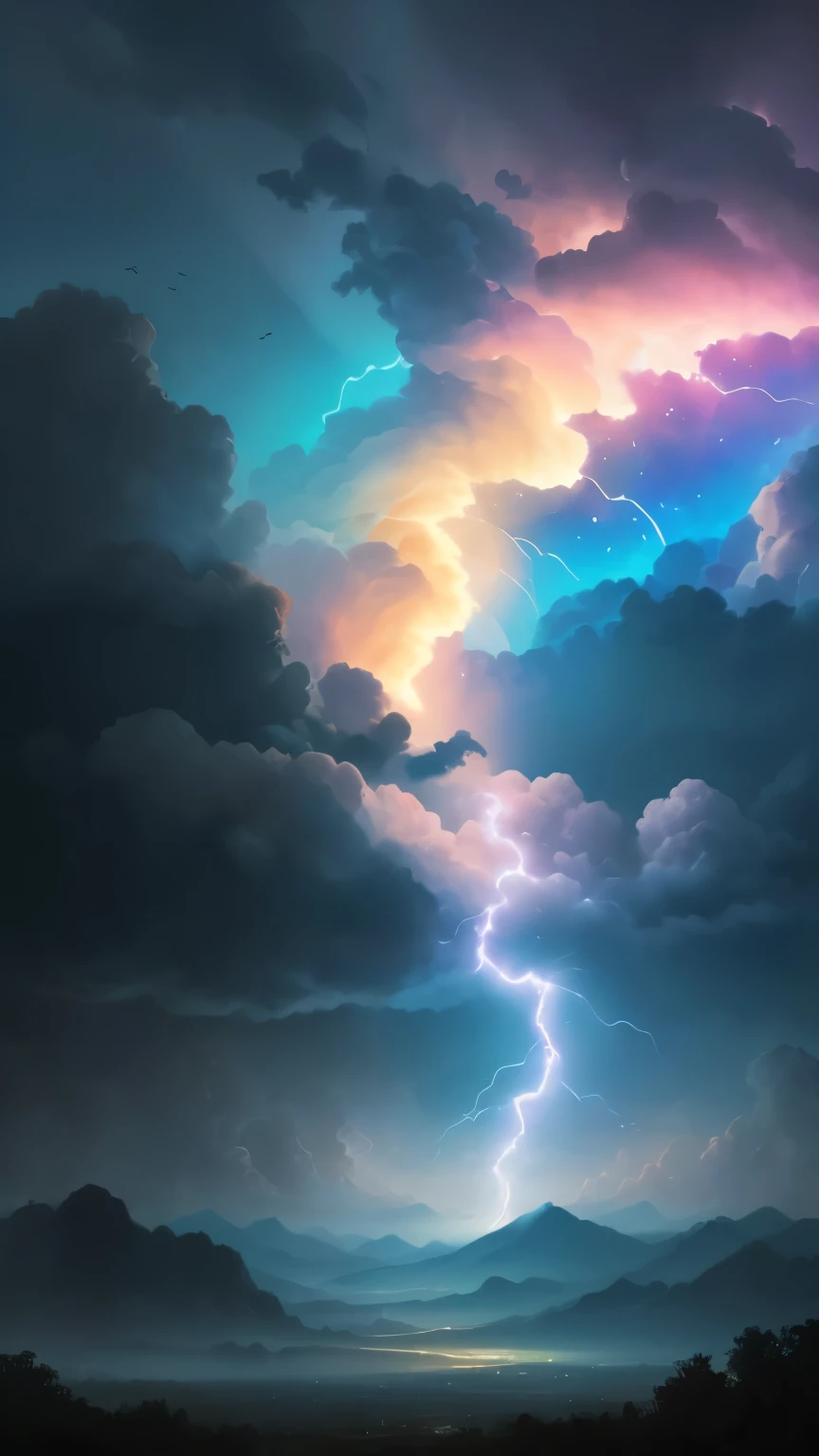 ((best quality)), ((masterpiece)), (detailed), A digital illustration of a rainbow lightning in a dark blue sky with small birds flying in the background