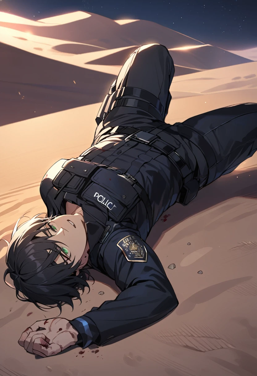 Male black police suit, solo, black hair, green eyes, short hair, desert, night, laying on the sand, blood on body, wounds