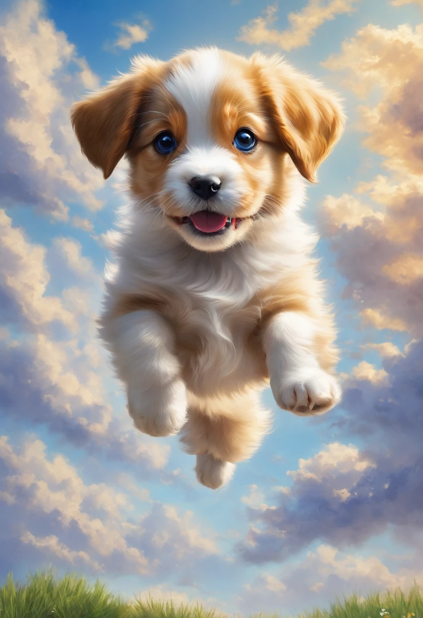 A puppy is jumping among the clouds