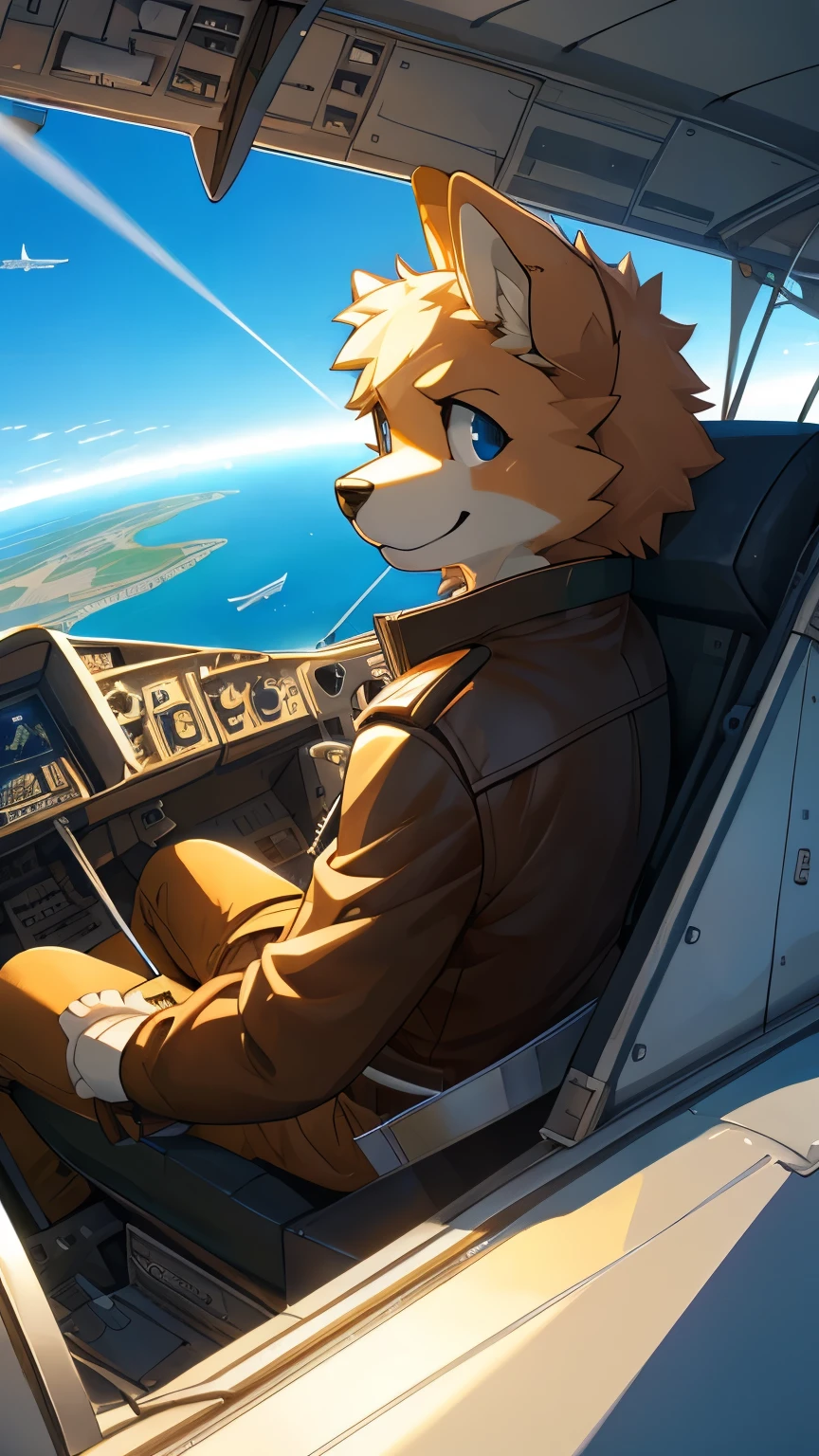 Highest quality, Highest quality, 16K, software, Unbelievably absurd, Very detailed, delicate and dynamic, Natural light, The particles reflect light beautifully, Diffuse reflection of light, Vortex of Light, Aerial, biplane, cumulonimbus, , Create amazing image effects, Body close-up, biplane, (Cute Puppy,,,Serious,, Biplane pilot, Leather jacket,, Sit in the cockpit, Puppy pilots biplane)
