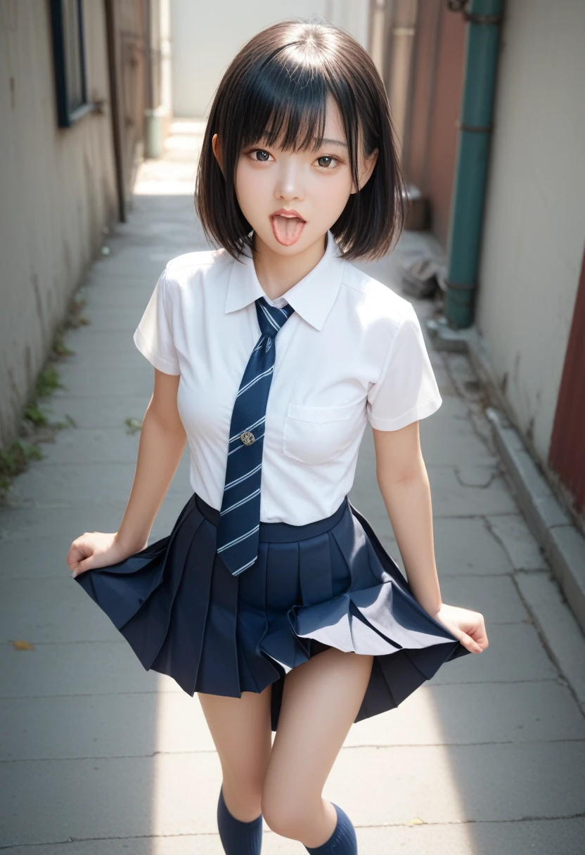 ,collared shirt,Short sleeve,pleated skirt,tie,Navy blue socks,(open mouth:1.5),(tongue out:2),dim,Alley,stand,skirt lift,panties,front view,cowboy shot,from above(1girl,Beautiful 14 year old girl,teenager),((Slender,Small breasts,Small face,)),(looking at viewer),Black Hair,bangs,straight,Beautiful and detailed
