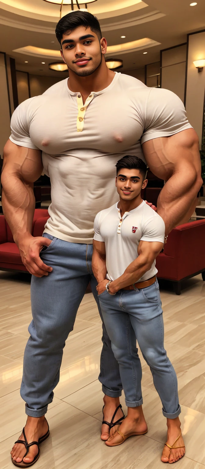 One man and one woman in a hotel lobby. Man is 20 year old highschool freshman, Tanned skin baby faced indian very young muscular male, very tall, 2.30 meters tall, 20 year old overweight  bodybuilder, school freshman in loose linen pants and loosev neck henley shirt, cute innocent sweet young funny face, great height difference. high detail faces. show full height from toe to head.  Woman is a mature woman.  Boy 1 heads taller than girls. Girl is thin. Higher bodyfat. Long over developed legs. Camera angle set. Wet. Camera shoot from drone. Longer legs. Tall slender man. Love affection. Taller longer legs. Taller man. Gettin bigger every time. Man dressed sharp.