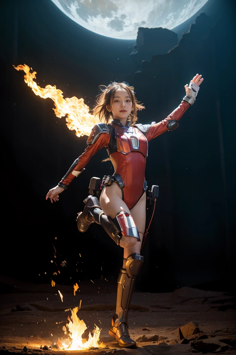 1girl, Absurd resolution, high resolution, (masterpiece: 1.4), hyper-detail, a mech, red armor with cybernetic red wings, floating flight in the sky (1.8) background is wild, fire, full bodysuit,