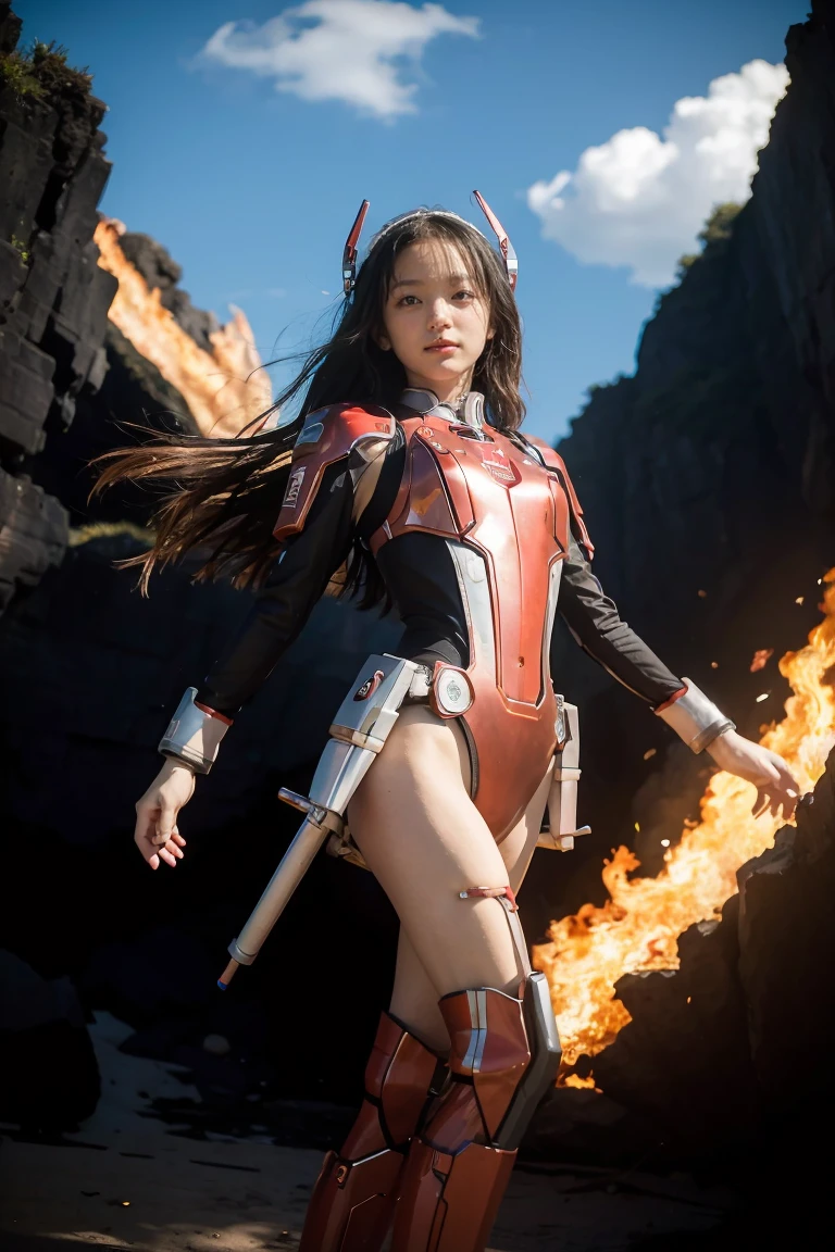 1girl, Absurd resolution, high resolution, (masterpiece: 1.4), hyper-detail, a mech, red armor with cybernetic red wings, floating flight in the sky (1.8) background is wild, fire, full bodysuit,