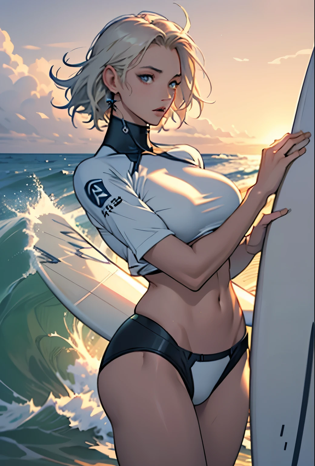 masterpiece, (Textured skin), Highest quality, Gorgeous beautiful girl, (female surfer), Detailed clothing,Large Breasts,Tight waist,, (Beautiful Face), Cinema Lighting, (At the surfing venue ), Holding the board,