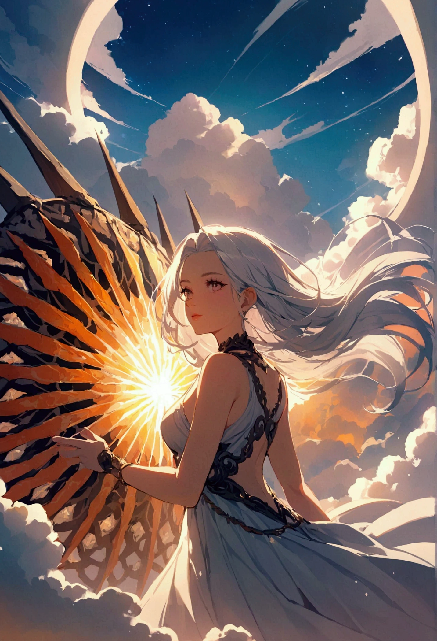woman, Short, flowing silver hair., eye of the universe, beautiful sky, Beautiful clouds, in the summer,Improve resolution
