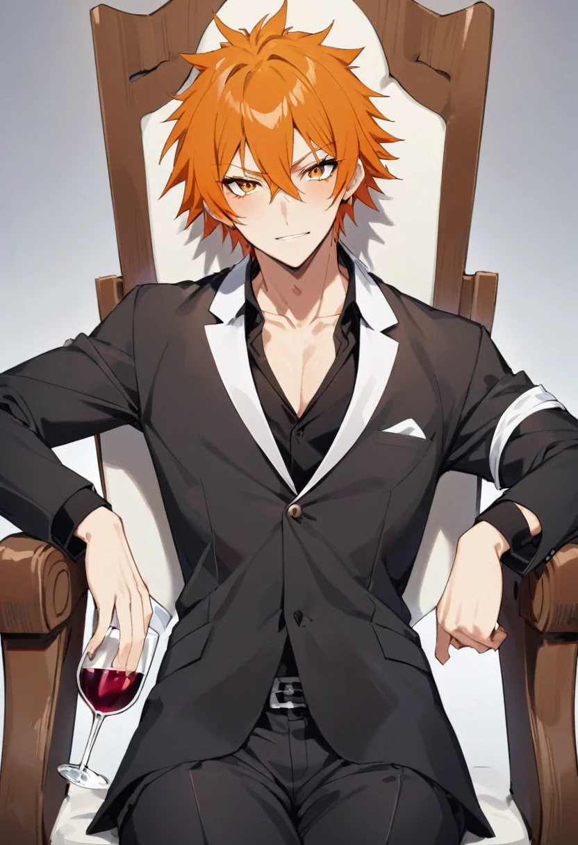 Kurosaki İchigo (Bleach),  hair orange, skin fair, Suit, sitting down on chair, glass of wine