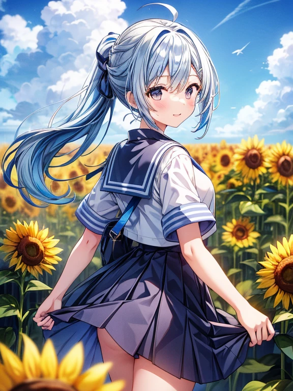 Cumulonimbus clouds tower high in the sky、Sunflower field、A girl with blue hair tied in a ponytail、Anatomically correct depiction、Short-sleeved sailor suit、Navy Blue Skirt、Look back and laugh、Long hair blowing in the wind