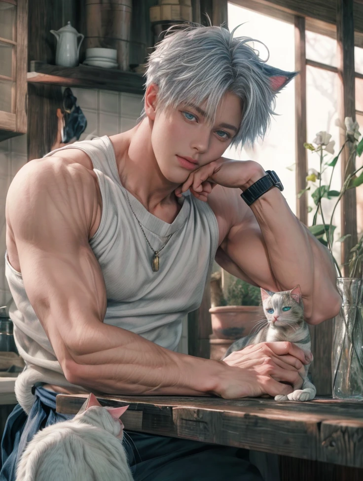1boy, adult, handsome, perfect face, detailed eyes and face, clean shaved, muscular, capturing a rural atmosphere, dynamic lighting, unreal engine 5, hd picture, satoru gojo, white hair, short hair ,hair between eyes ,blue eyes, white skin, pink nipple, Cat ears, cat's tail