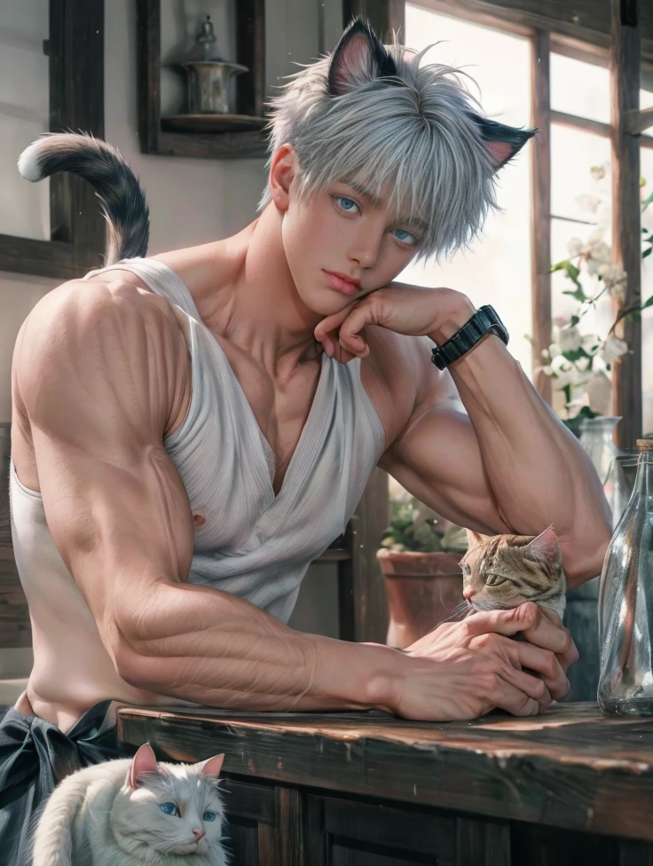 1boy, adult, handsome, perfect face, detailed eyes and face, clean shaved, muscular, capturing a rural atmosphere, dynamic lighting, unreal engine 5, hd picture, satoru gojo, white hair, short hair ,hair between eyes ,blue eyes, white skin, pink nipple, Cat ears, cat's tail