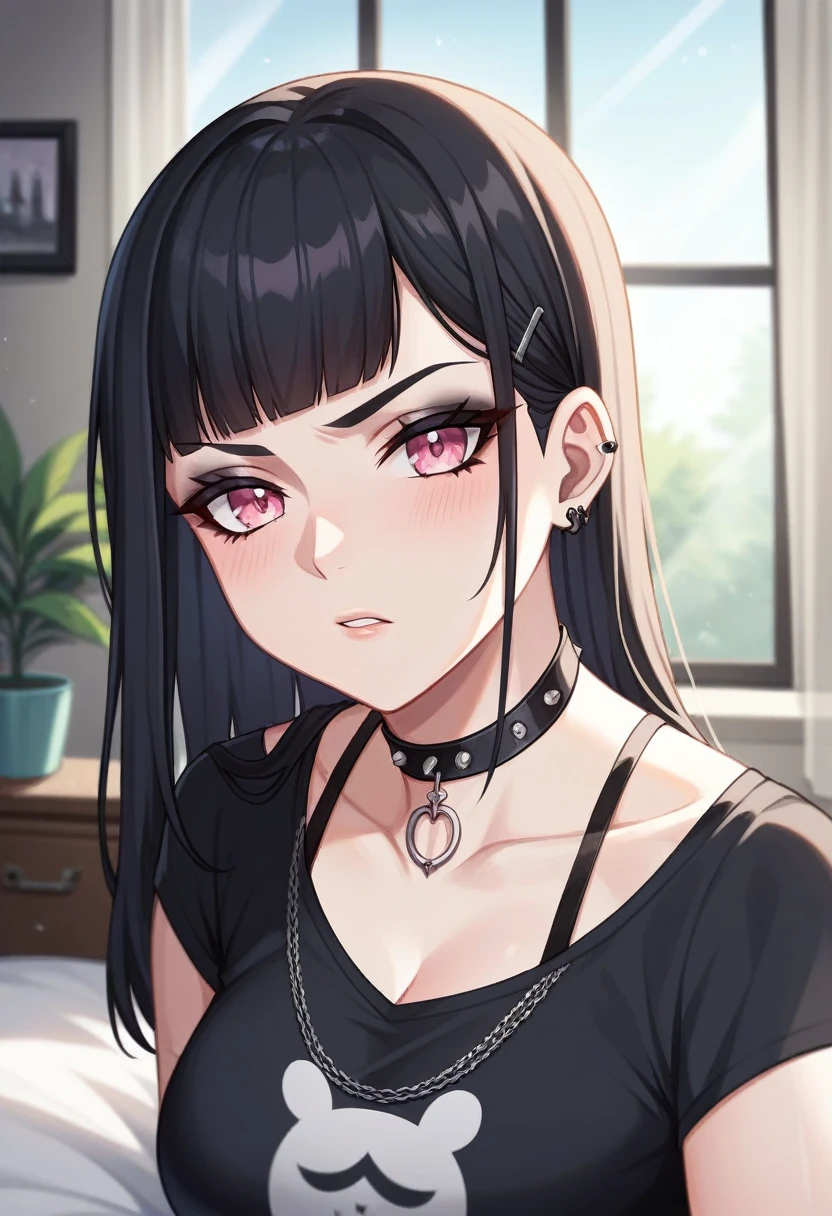 Adult, Female, long Black hair, goth girl, pink eyes gothic aesthetic, goth clothing, goth make up, thick thighs, medium chest, annoyed, disgruntled, bedroom, gothic bedroom, aesthetic bedroom, Masterpiece, Accurate, Anatomically Correct, Best Quality, High Details, Detail, Super Detailed, Best detail, Perfect detail, Amazing detail, [-3, 3], Close-Up, Looking at viewer, up close, headshot