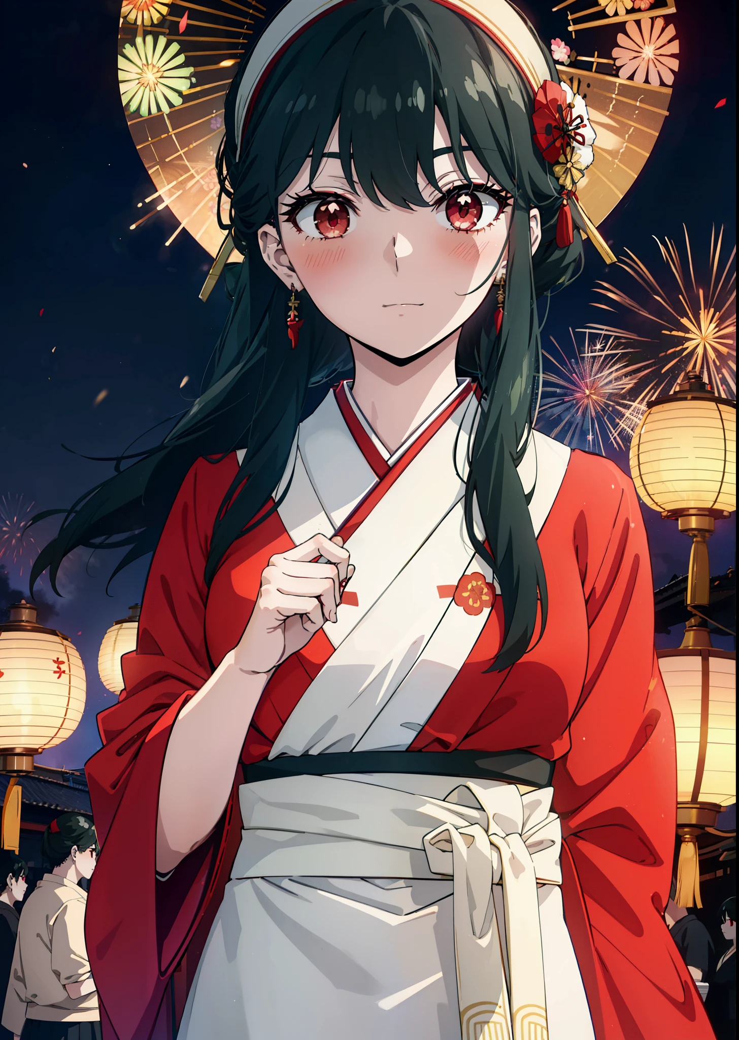 Yorbraia, Yor Briar, Black Hair, (Red eyes:1.5), Earrings, gold hair band, hair band,,smile,blush, Long Hair, Side Lock, (Mid-chest:1.2),Flower Hair Ornaments,black kimono,The place is a fireworks display,Time is night,Japanese Festivals，Summer festival food stalls、Red lantern　　　　　　　break　outdoors,shrine,
break looking at viewer, whole body,
break (masterpiece:1.2), Highest quality, High resolution, unity 8k wallpaper, (shape:0.8), (Beautiful attention to detail:1.6), Highly detailed face, Perfect lighting, Extremely detailed CG, (Perfect hands, Perfect Anatomy),